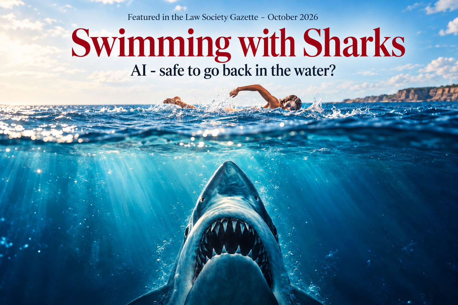 Swimmer above a great white shark, with the headline Swimming with Sharks, referencing Guy Fagan's October 2026 Law Society Gazette feature on AI adoption.